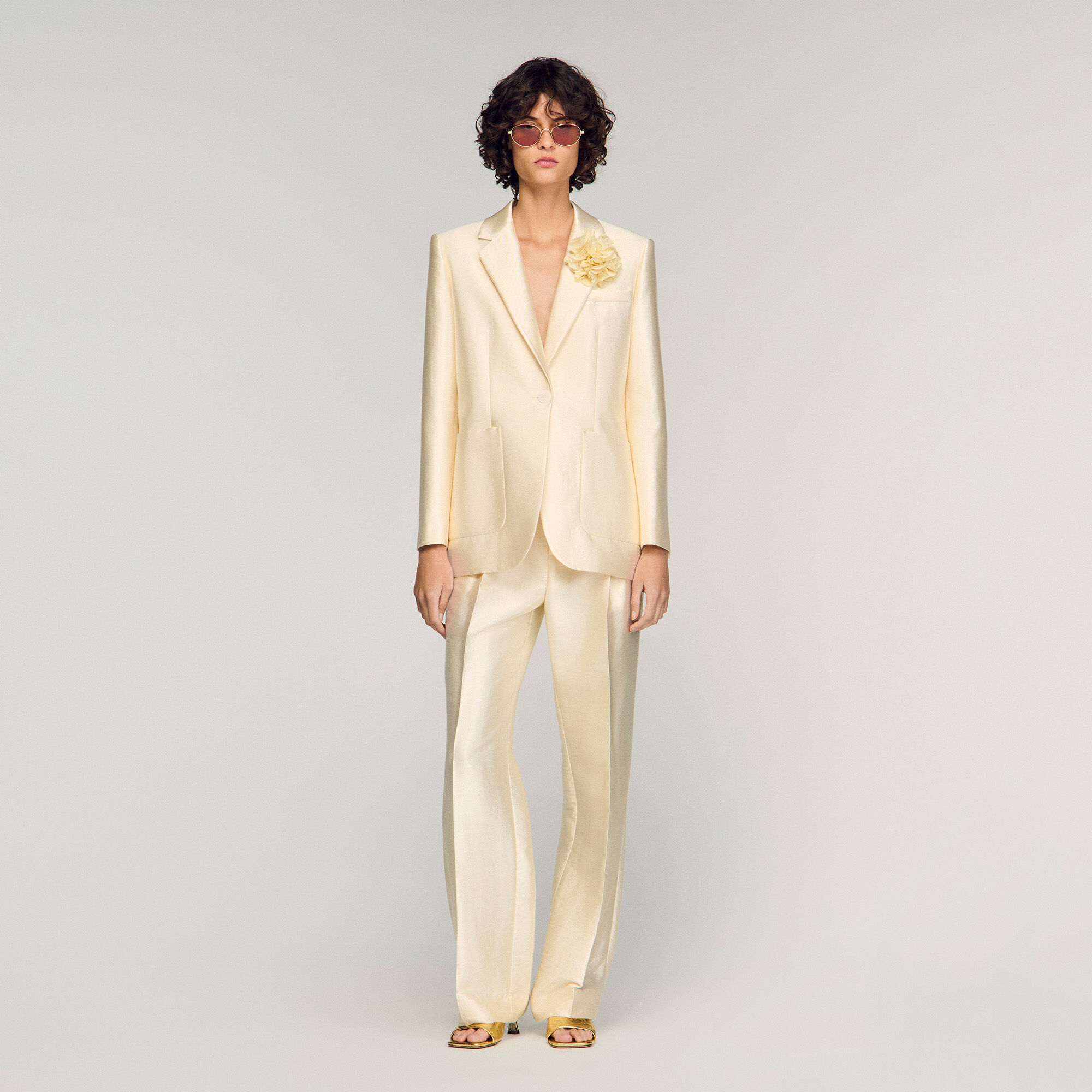 Satin Jacket With Flower Detail : Blazers & Jackets color Cream