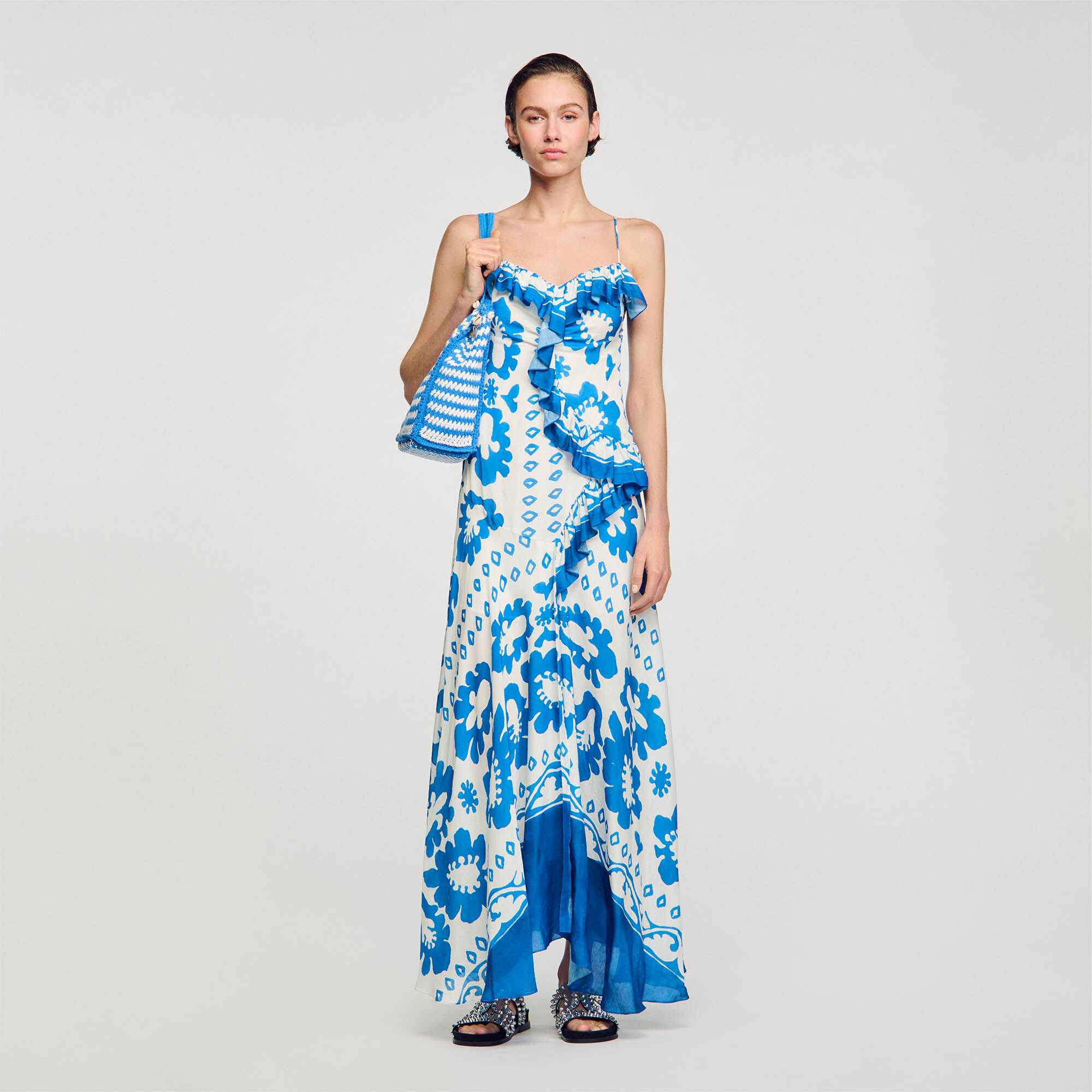 Ruffled Print Dress : Dresses&nbsp; color Blu / White