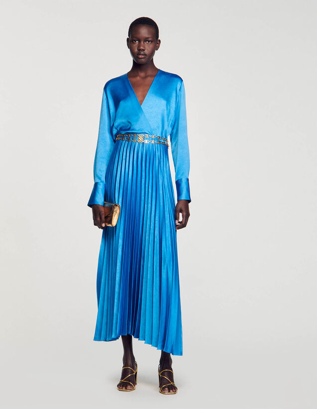 Pleated Satin-Effect Midi Dress : Dresses color Pétrol Blue