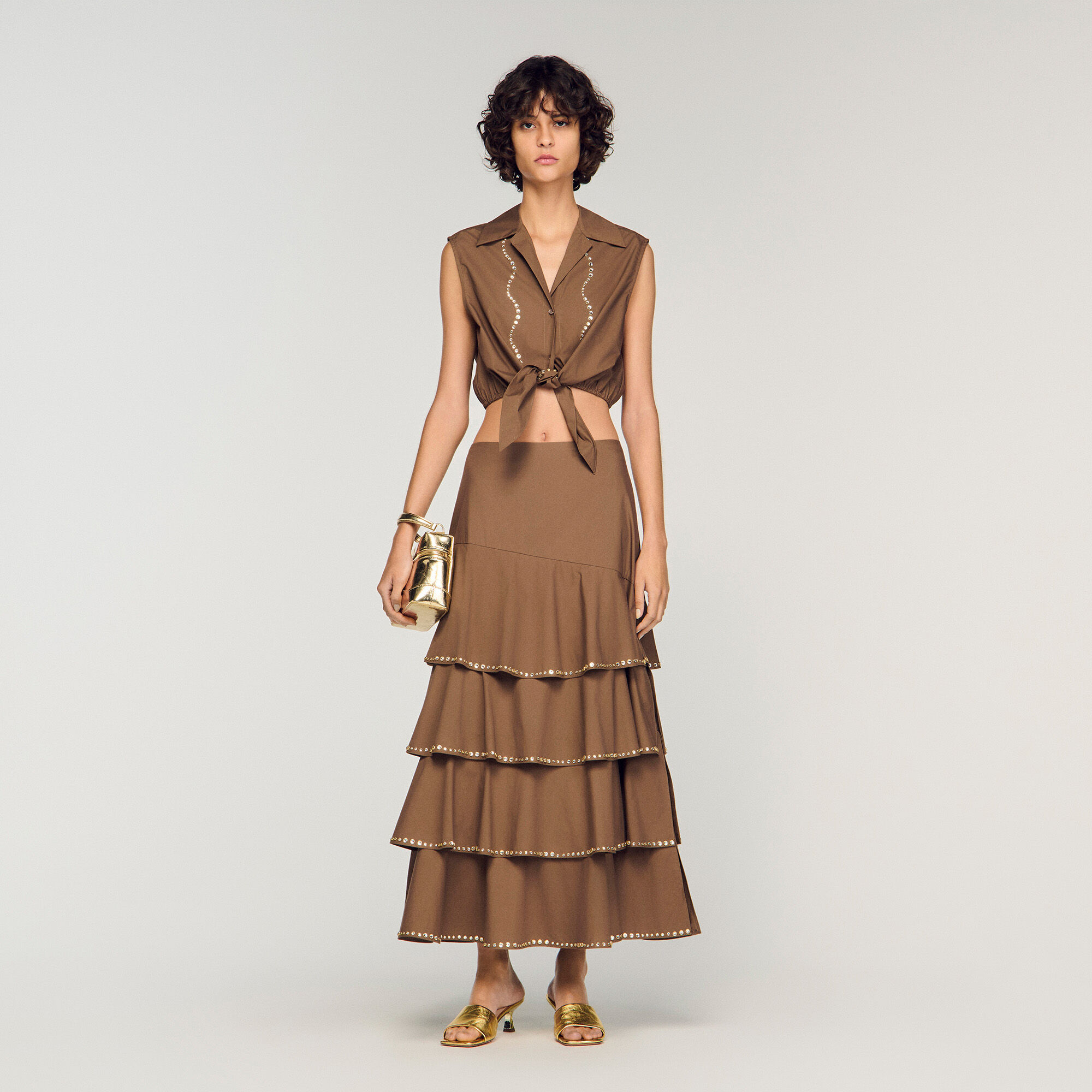 Rhinestone Cropped Shirt : Shirts color Brown