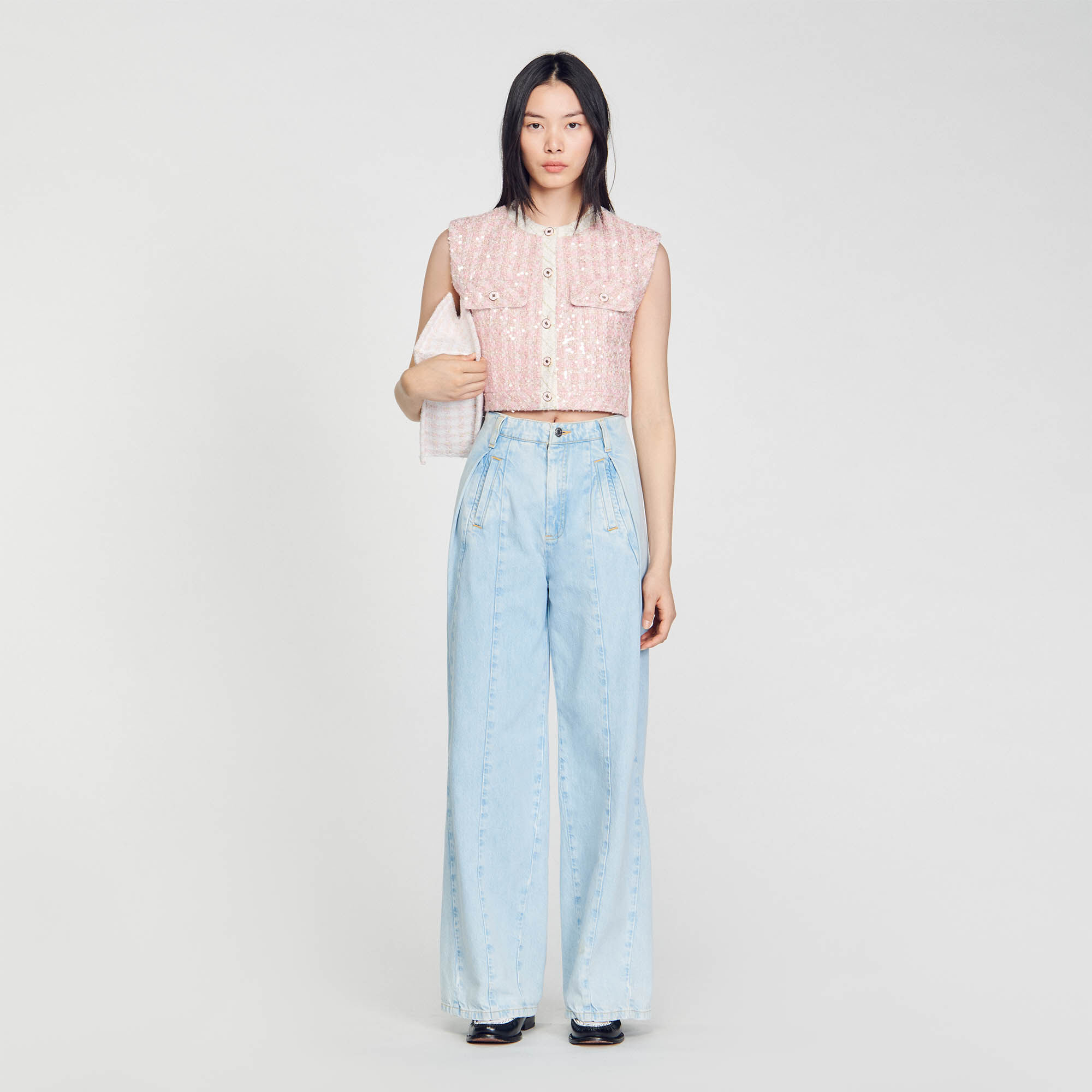 Sleeveless Tweed Jacket : Coats & Jackets&nbsp; color Pink