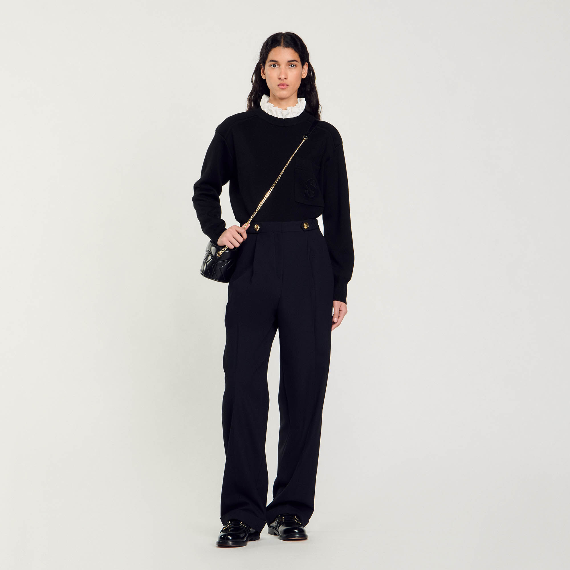 Straight-Leg Trousers : Pants color Black