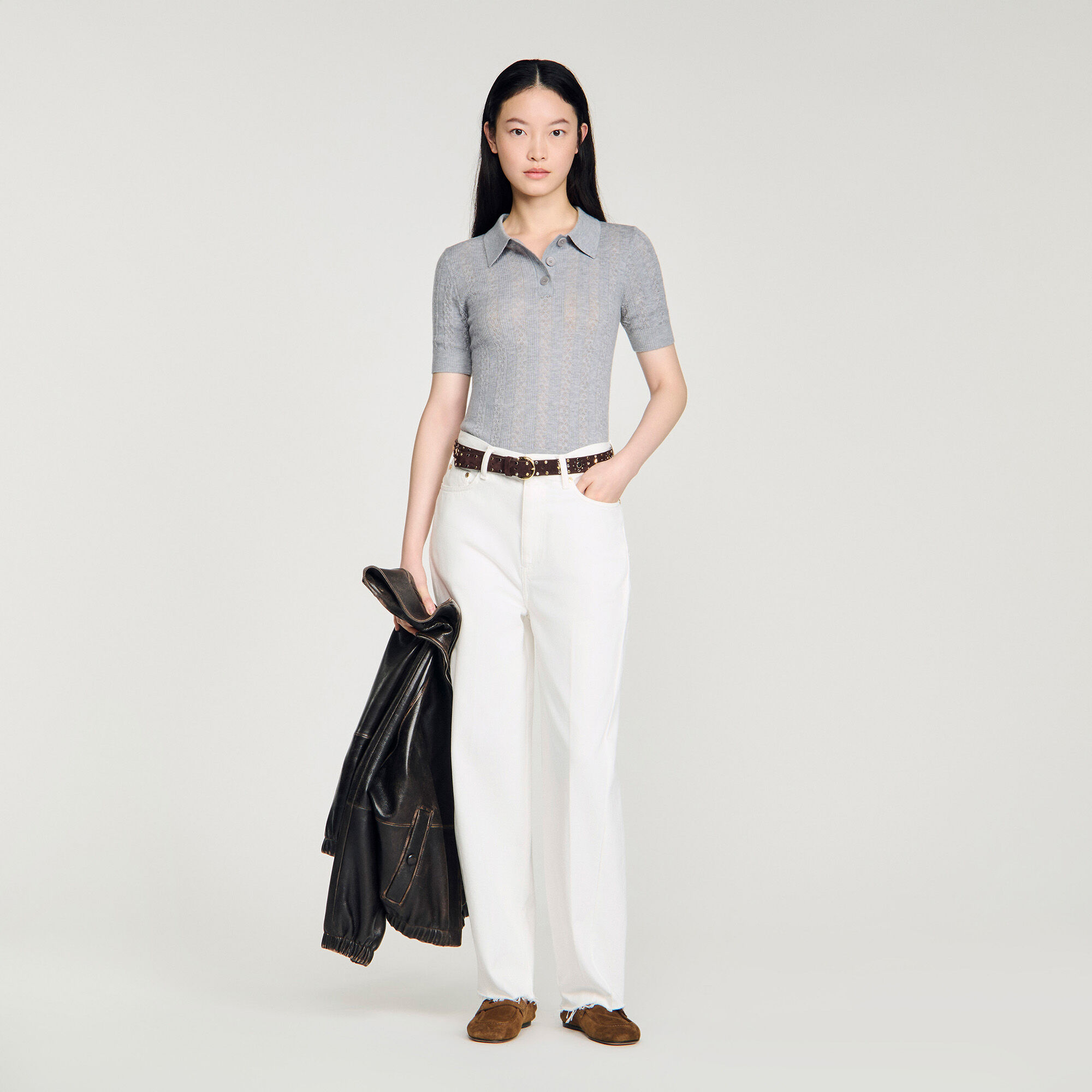 Pointelle Polo-Neck Wool Jumper : Sweaters & Cardigans color Ecru