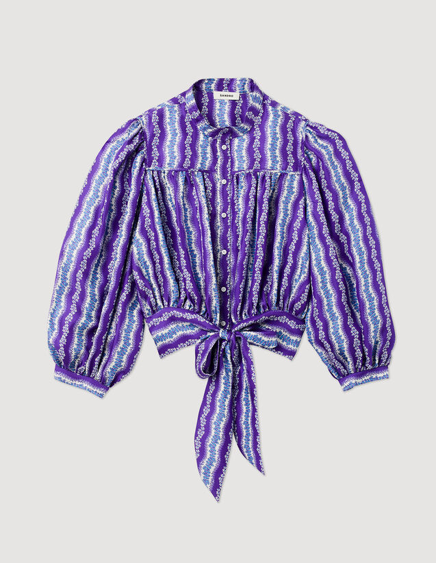 Cropped Silk Shirt With A Floral Print : Shirts color Purple / Blu