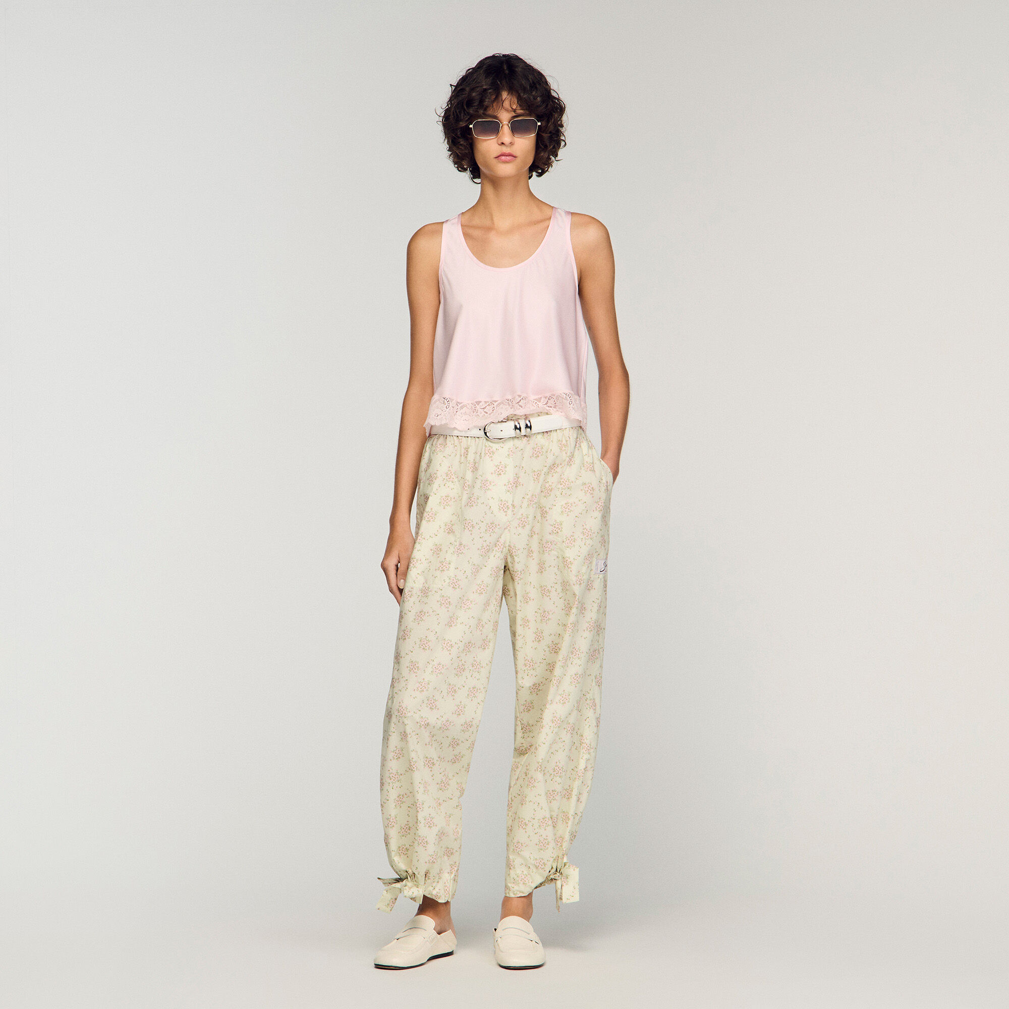 Floral Wide-Leg Trousers : Pants color Pink / Green