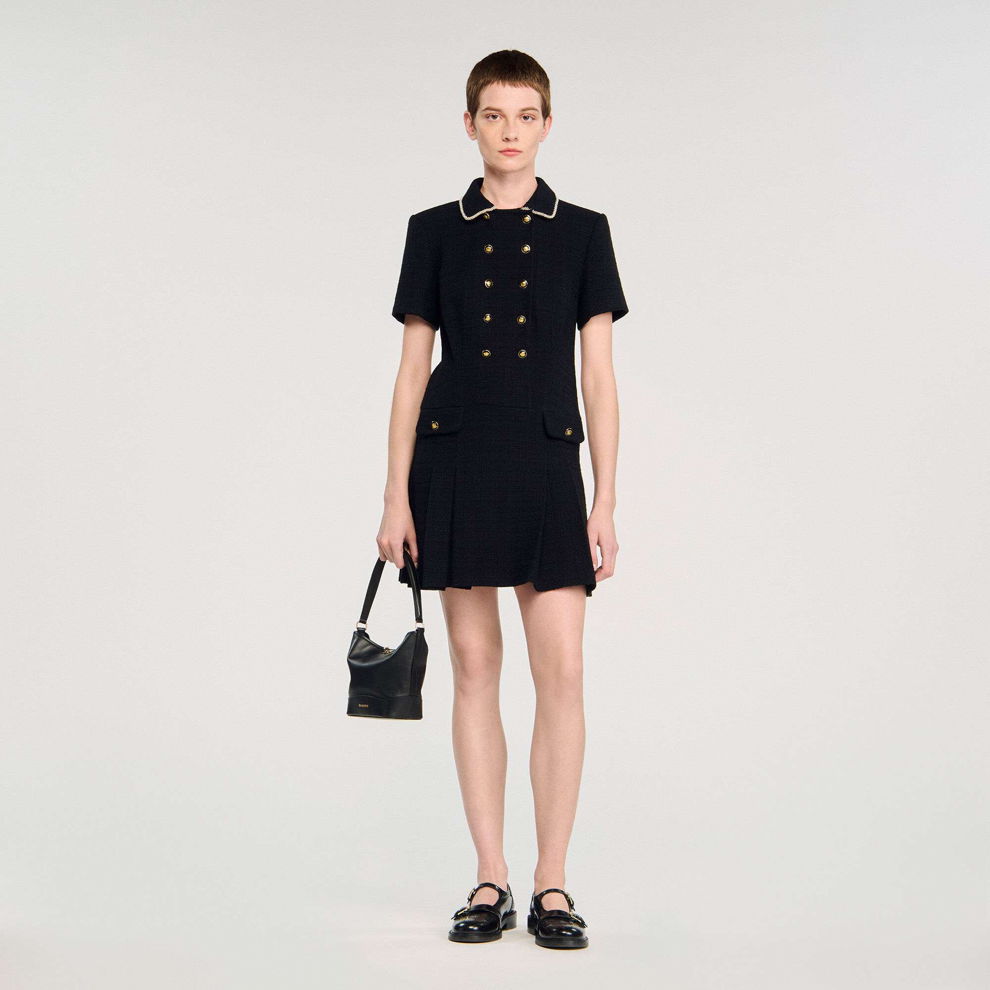 Short Buttoned Tweed Dress : Dresses color Black