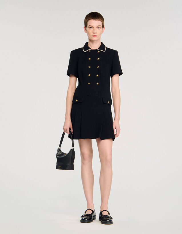 Short Buttoned Tweed Dress - SFPRO04594 | sandro-paris.com Short Buttoned Tweed Dress : Dresses color Black