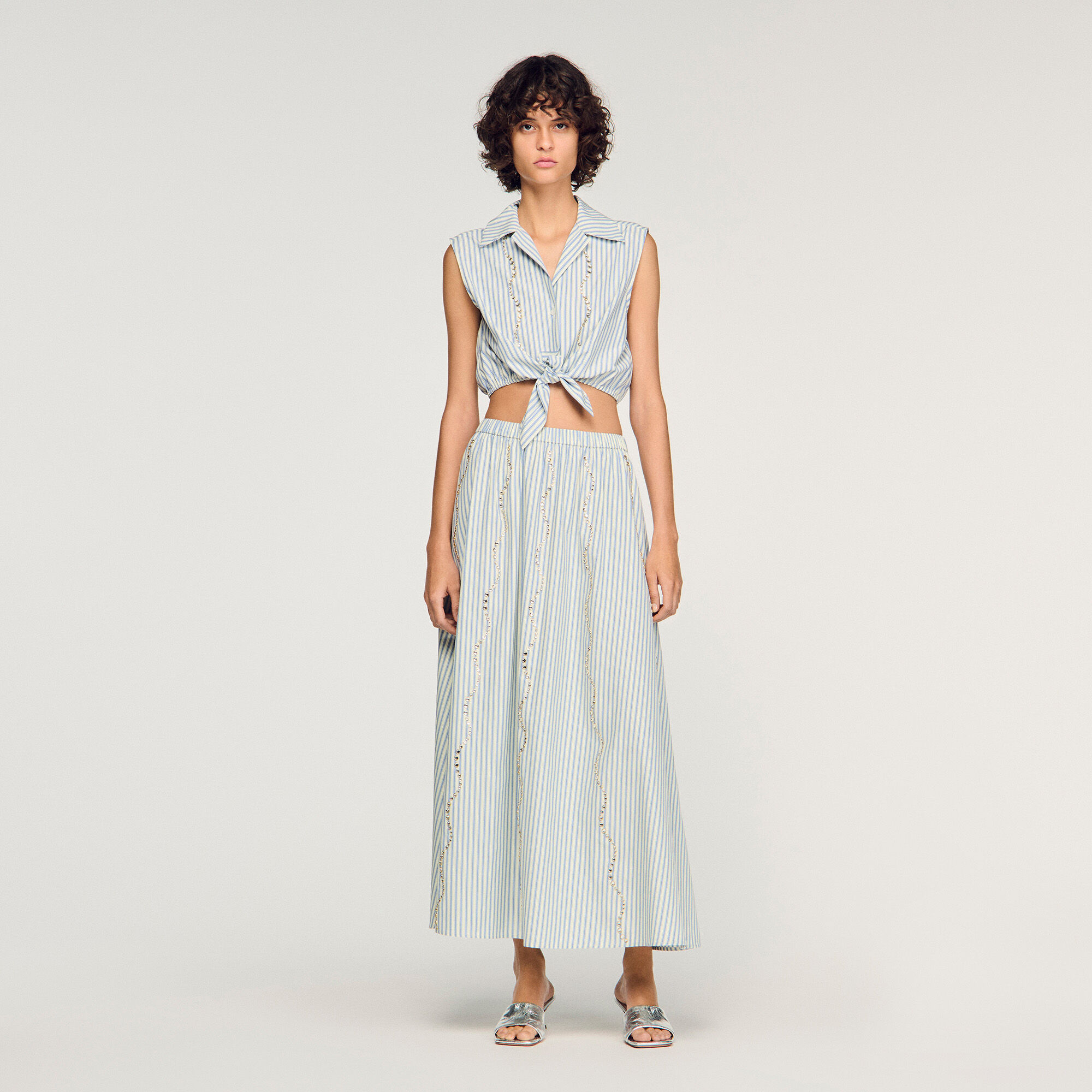 Cropped Striped Rhinestone Shirt : Shirts color Blue