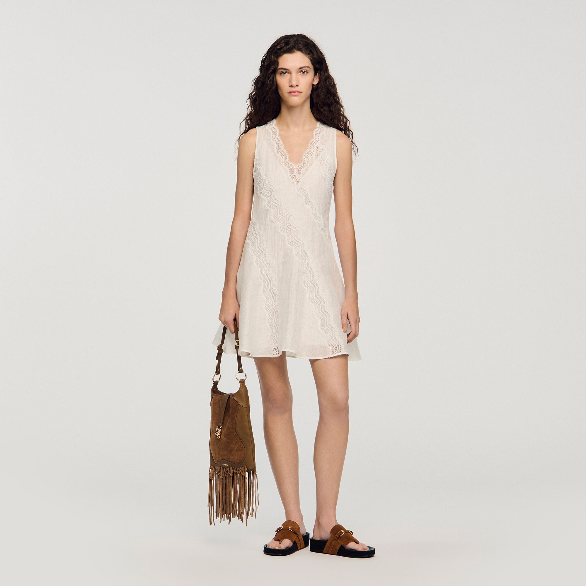 Short Trimmed Linen Dress : Dresses color white