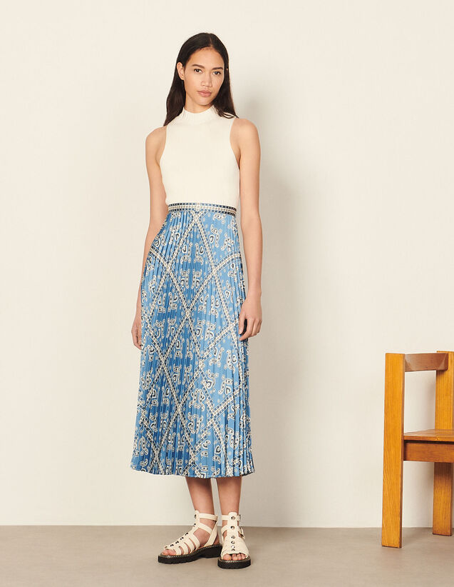 Long Printed Skirt With Pleats : Skirts & Shorts color Ciel / Blanc