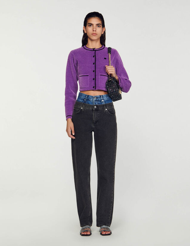 Velvet-Effect Cropped Coatigan : Sweaters & Cardigans color Purple