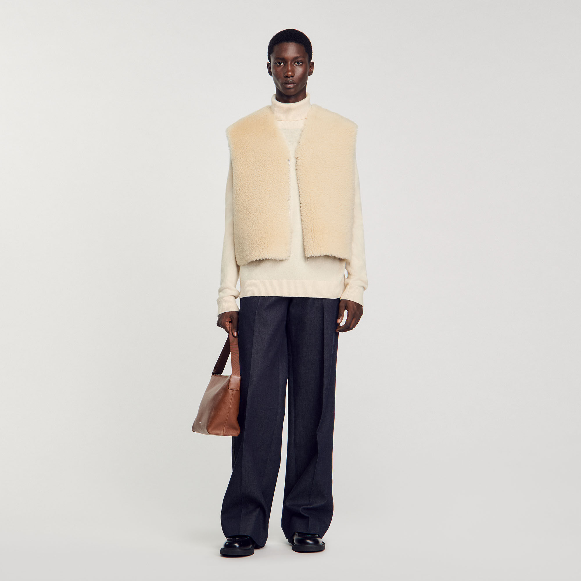 Sleeveless Shearling Cardigan : Jackets & Coats color Ecru