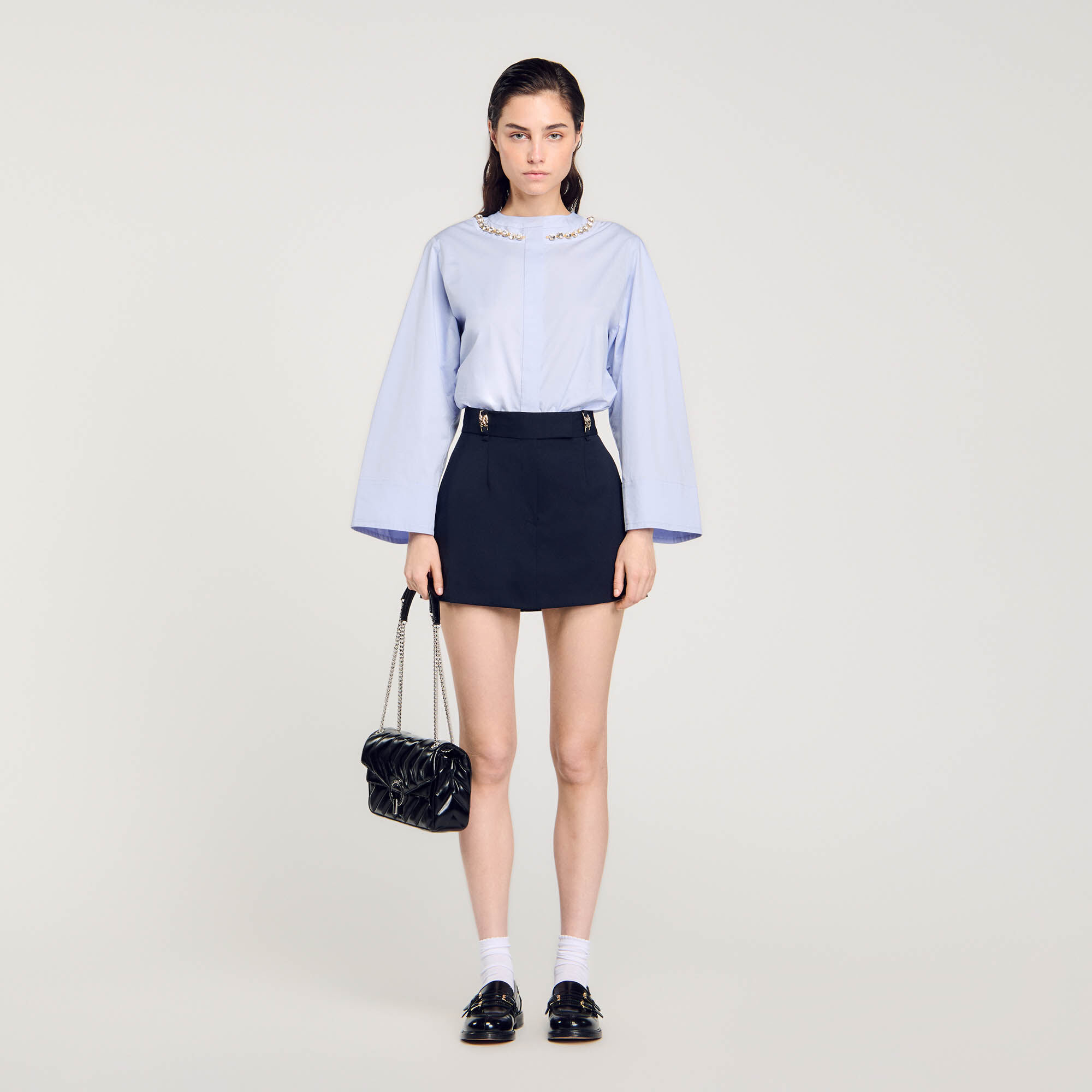 Cropped Shirt With Jewel Trim Collar : null color 