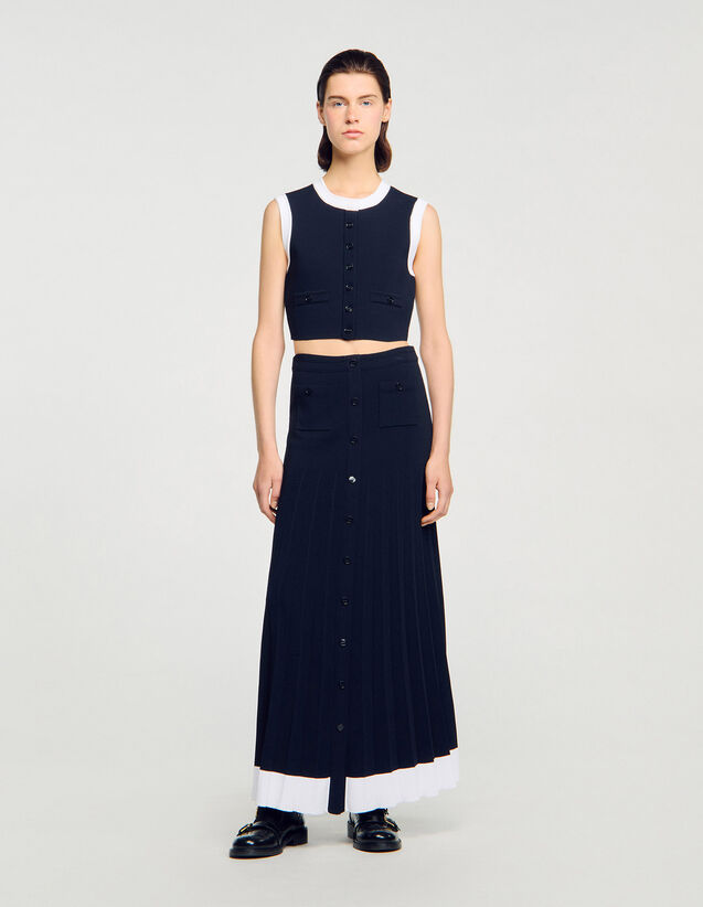 Long Two-Tone Knit Skirt - SFPJU01536 | sandro-paris.com Long Two-Tone Knit Skirt : Skirts & Shorts color Navy Blue