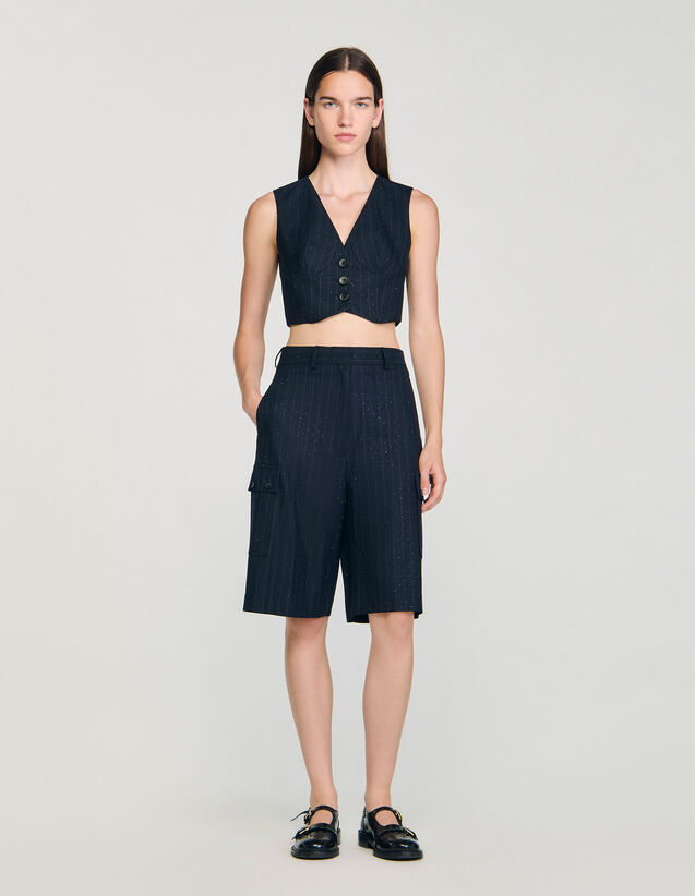 Rhinestone Striped Bermuda - SFPSH00532 | sandro-paris.com Rhinestone Striped Bermuda : Skirts & Shorts color Navy Blue