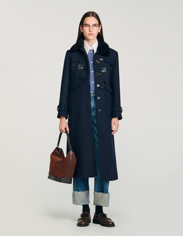 Long Coat With Velvet Collar - SFPOU00763 | sandro-paris.com Long Coat With Velvet Collar : Coats color Navy Blue