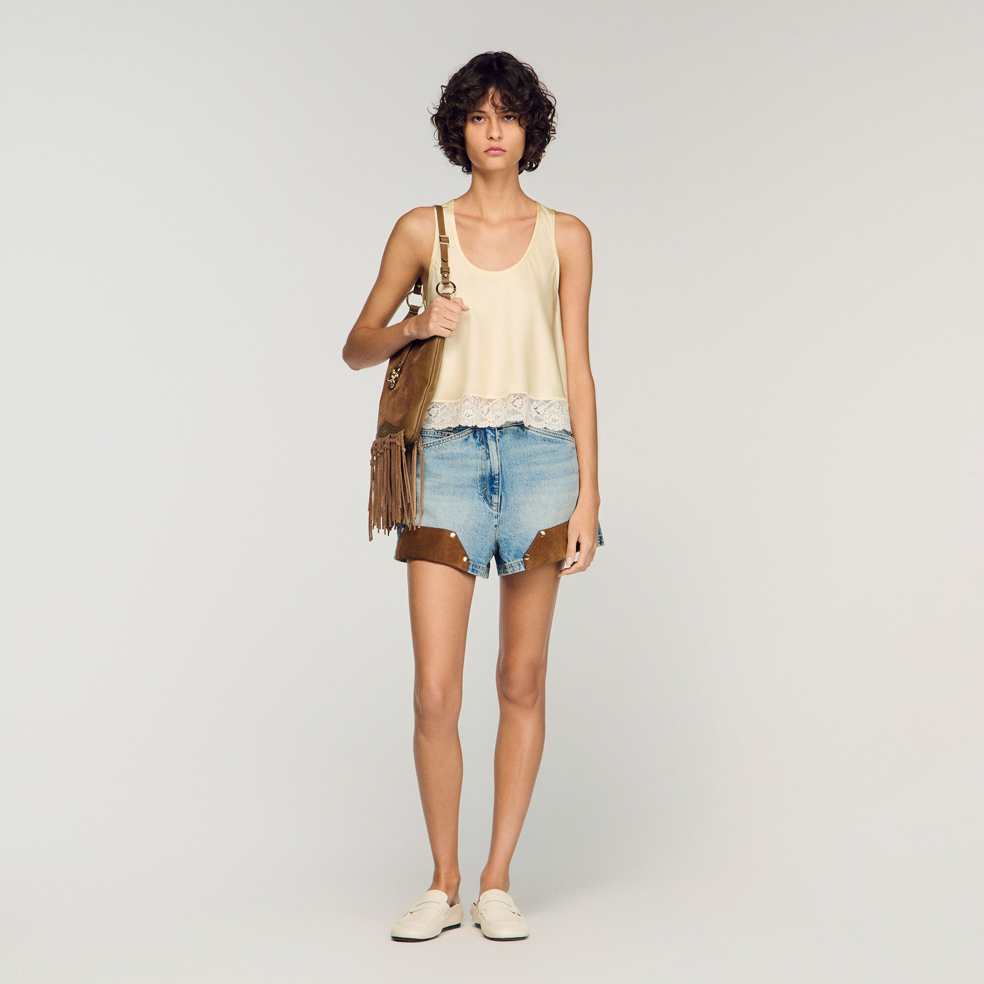 Satin Top With Lace Trim : Tops color Light Yellow