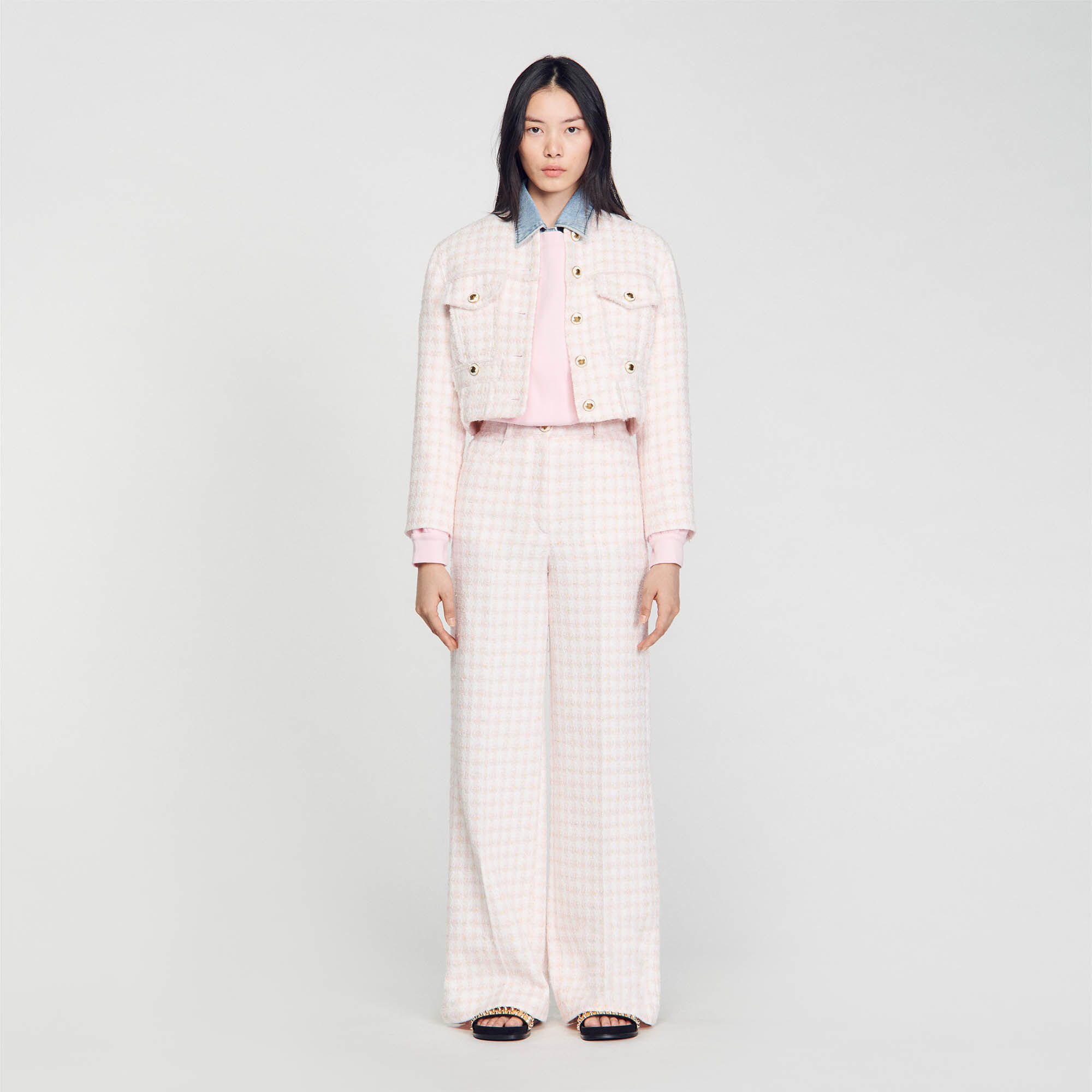 Cropped Decorative Tweed Jacket : Coats & Jackets&nbsp; color Light Pink