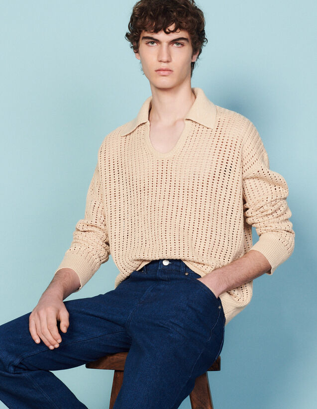 Linen And Organic Cotton Polo Sweater : Sweaters & Cardigans color Beige