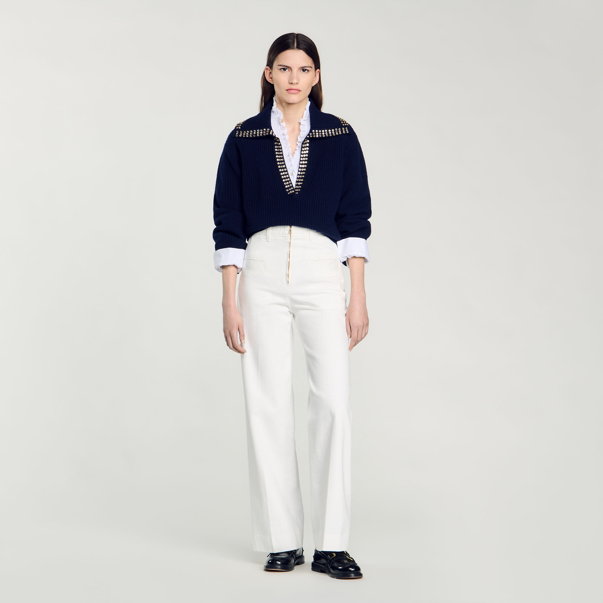 Ruffled-Neck Sweater blue For Women | Sandro Paris