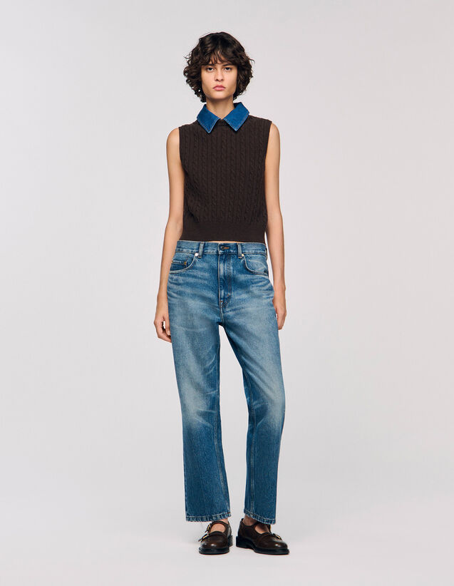 Knit And Denim Jumper - SFPPU02628 | sandro-paris.com Knit And Denim Jumper : Sweaters & Cardigans color Brown