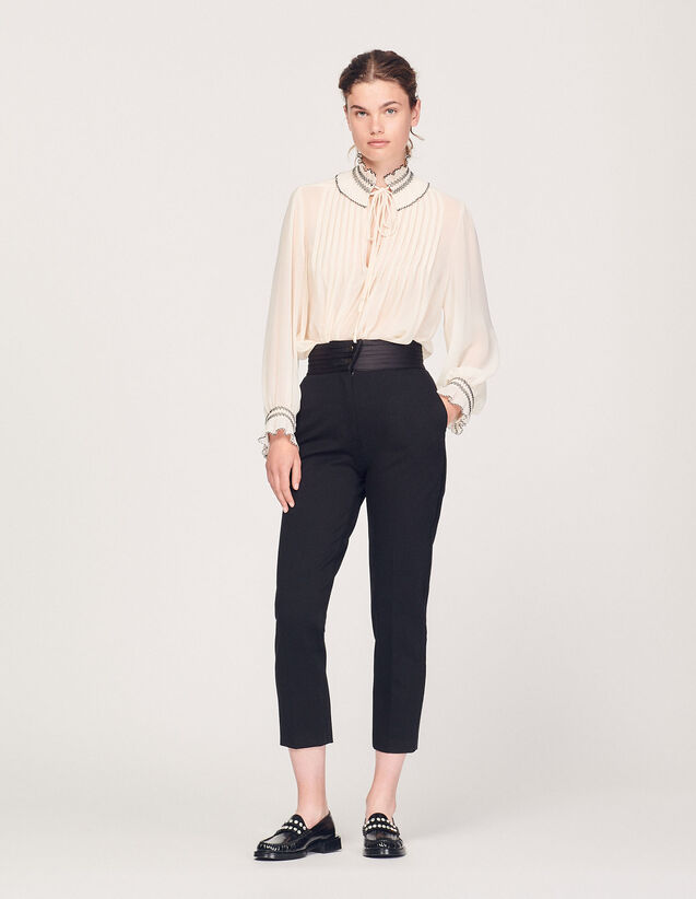 Straight-Leg Trousers With A Satin Waist : Pants color Black