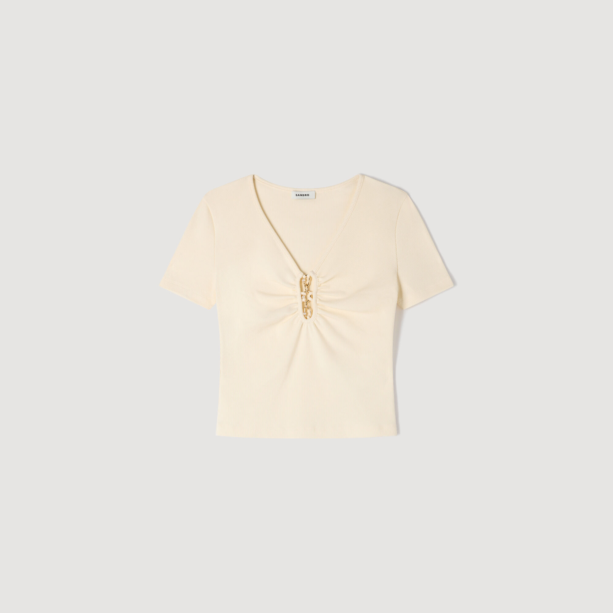 Jewelled Cropped Cotton T-Shirt : T-shirts color Ecru