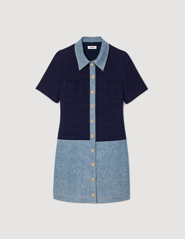 Tweed And Denim Short Dress : Dresses color Blue