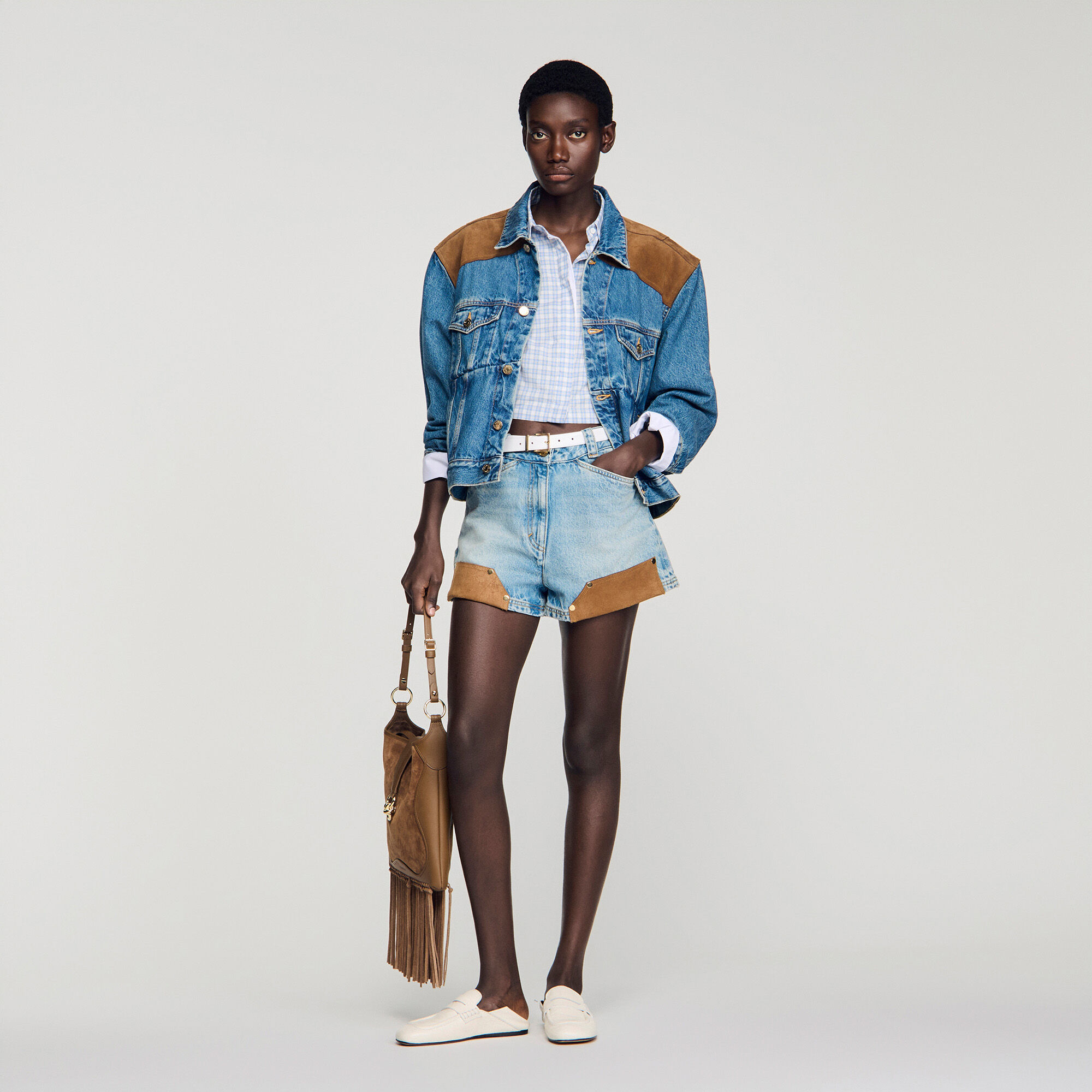 Riveted Denim And Suede Shorts : Skirts & Shorts color Light bu jean