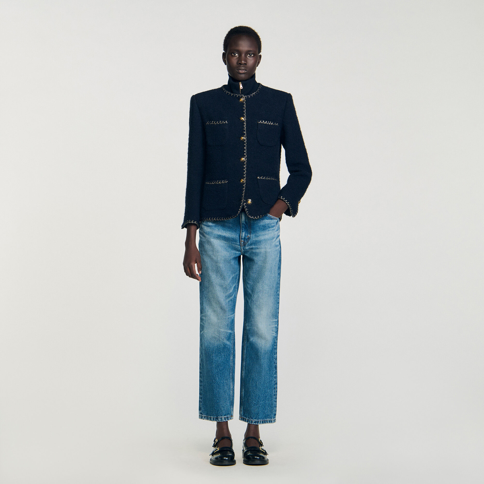 Tweed Jacket With Decorative Trim : Blazers & Jackets color Navy Blue