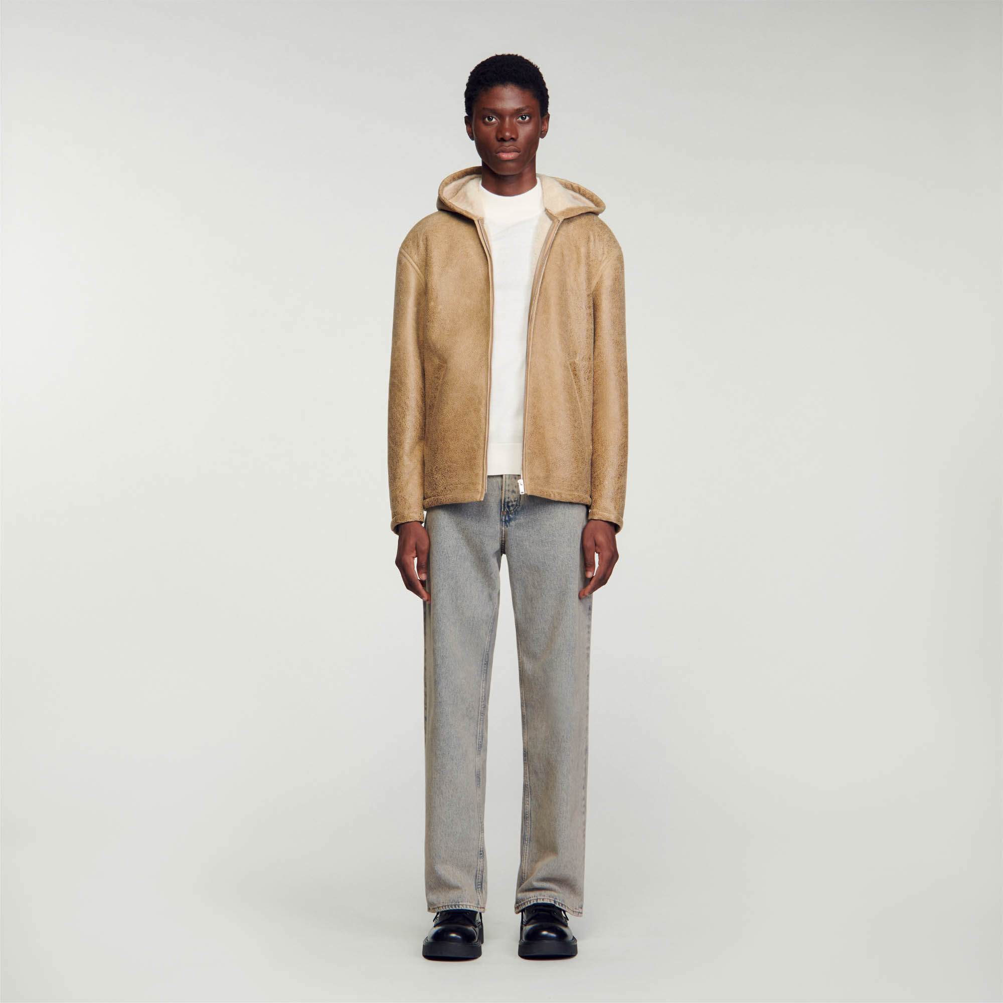 Woollen Leather Jacket : Jackets & Coats color Beige