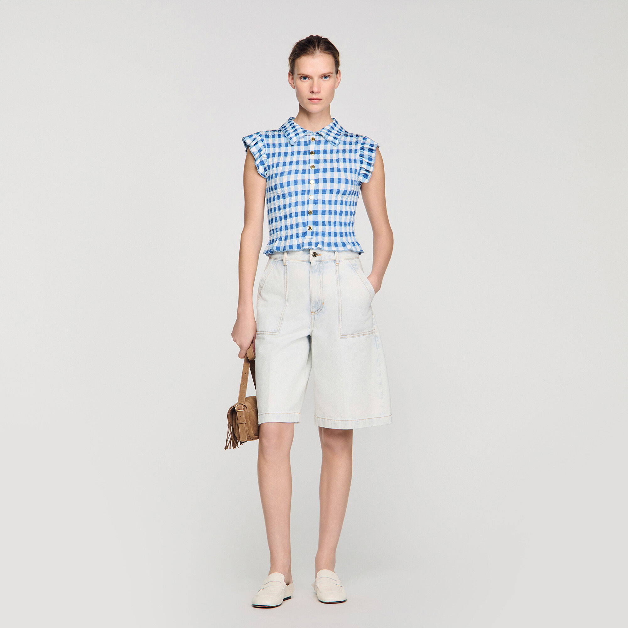 Check Smocked T-Shirt : T-shirts color Blu / White