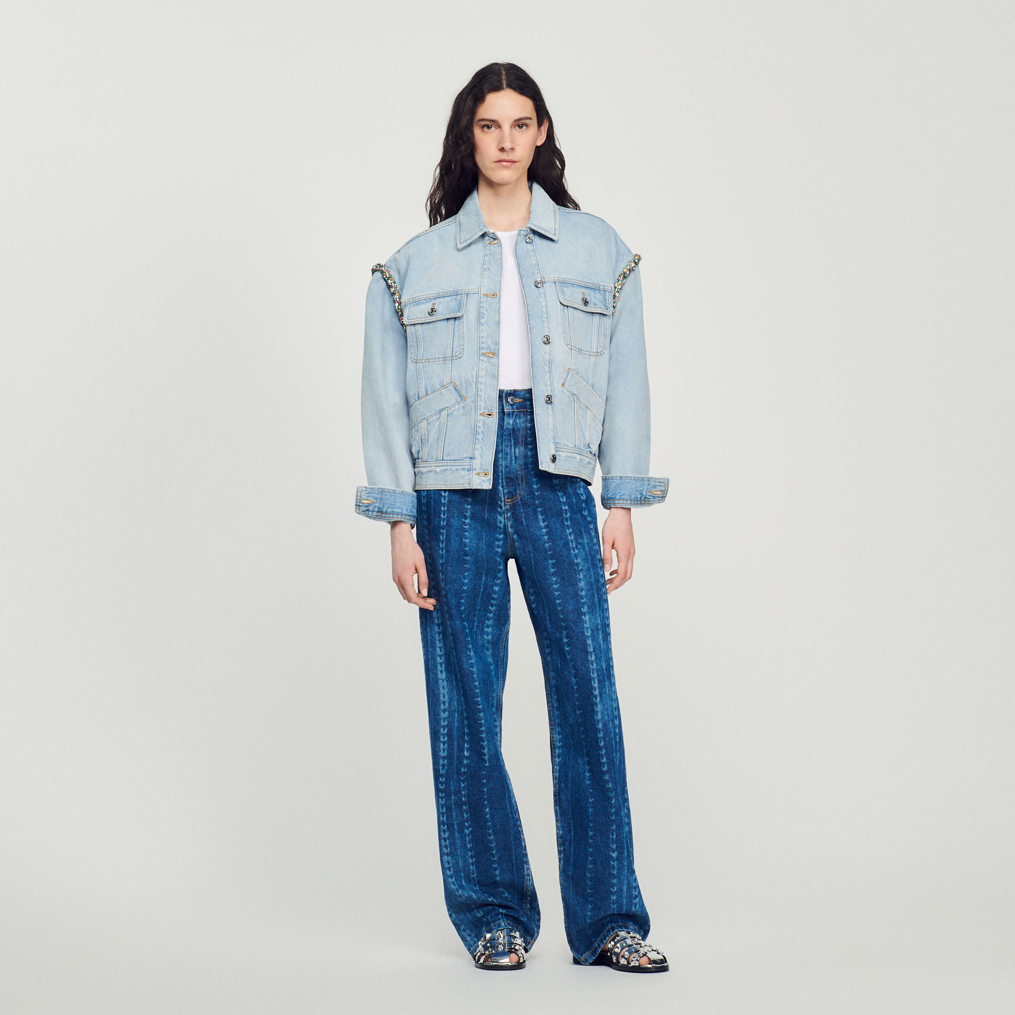 Sandro denim jacket with rhinestone fringe store