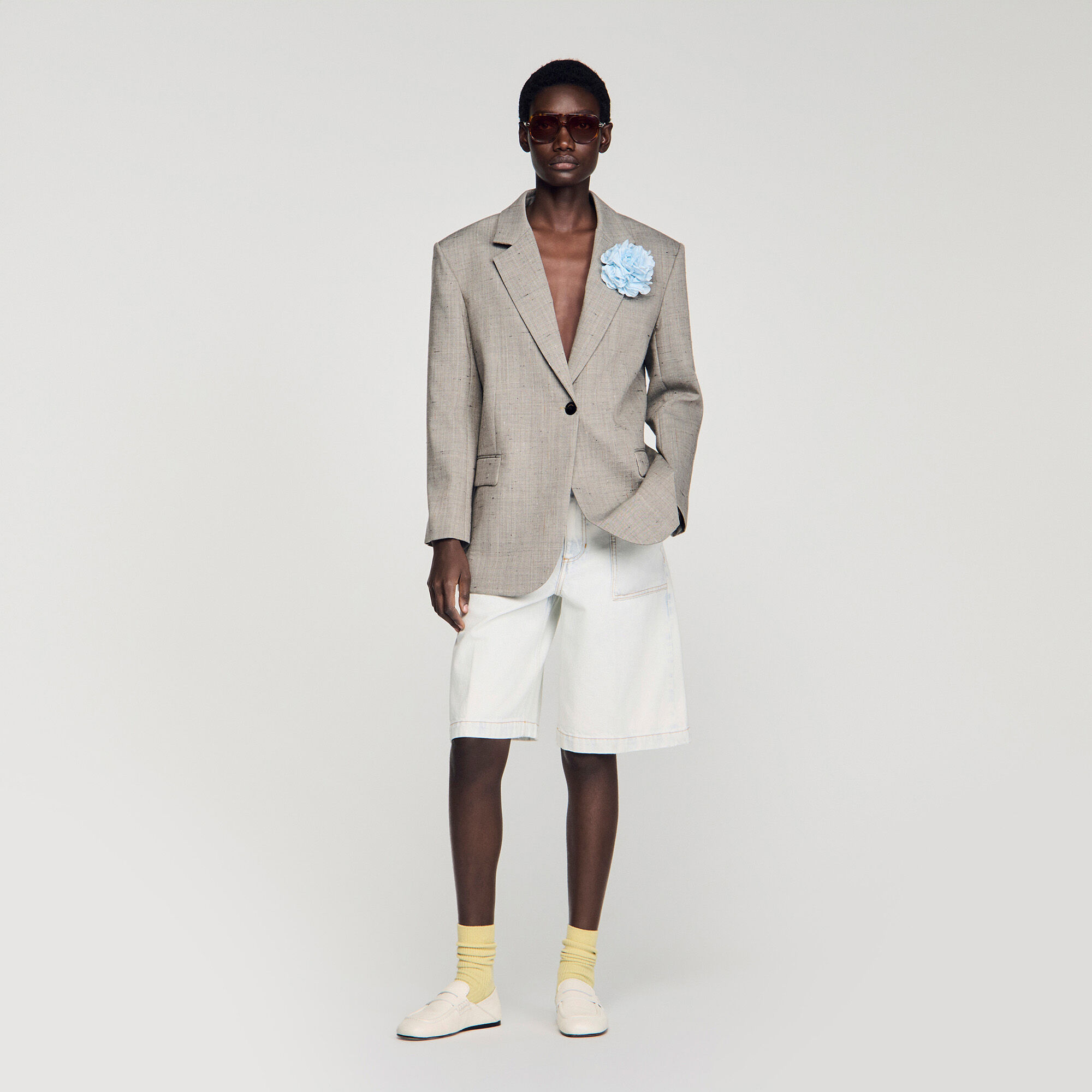 Checked Wool Jacket With Brooch : Blazers & Jackets color Greige