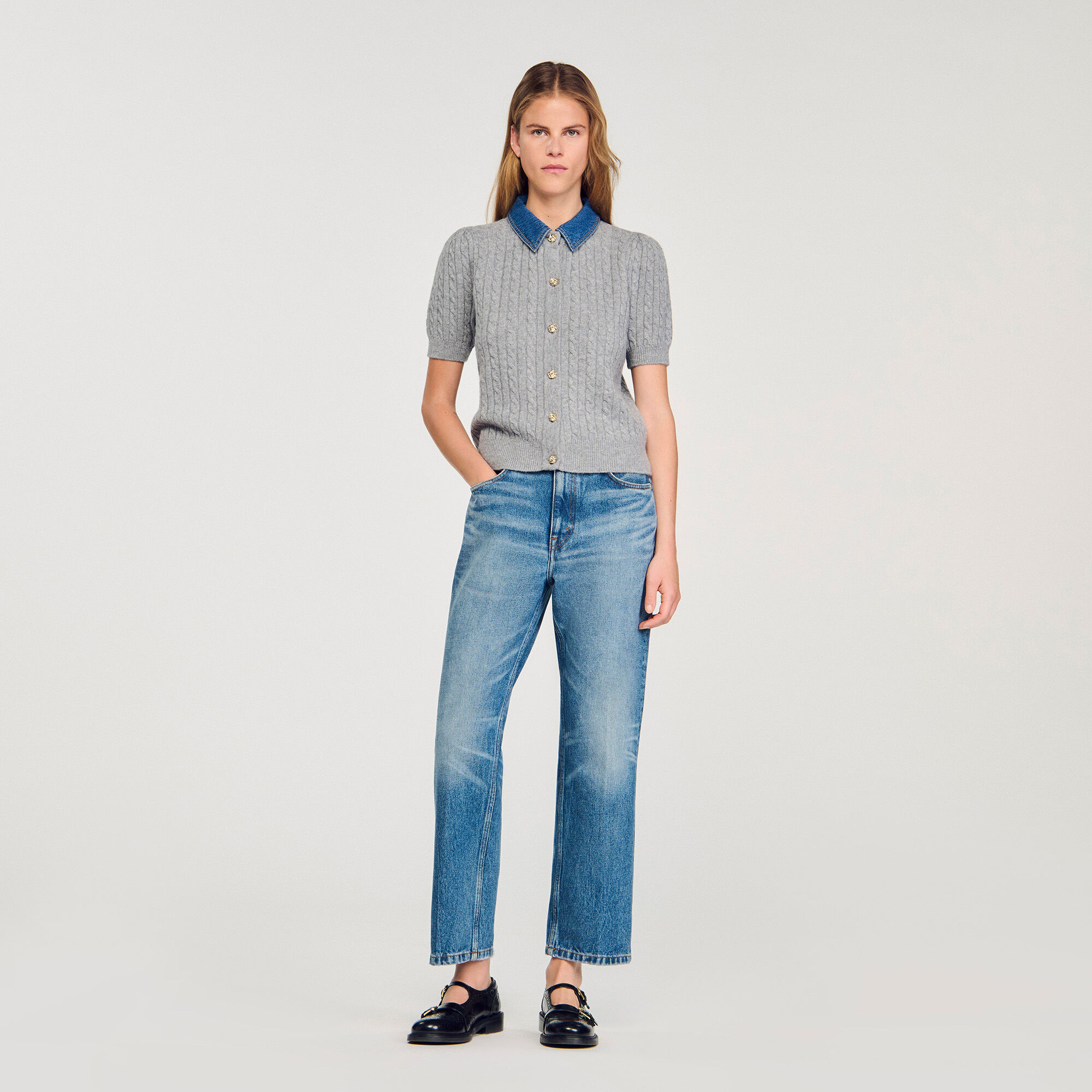 Cardigan With Denim Collar : Sweaters & Cardigans color Grey