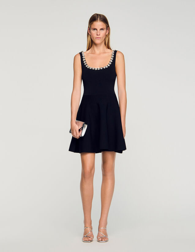 Short Dress With Rhinestone Neck - SFPRO04590 | sandro-paris.com Short Dress With Rhinestone Neck : Dresses color Black