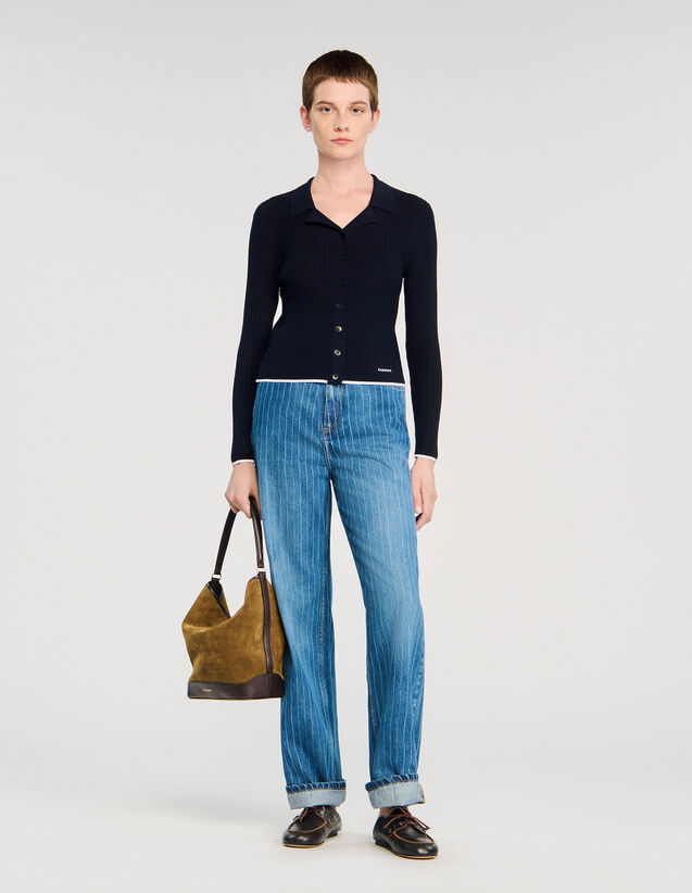 Cropped Polo Collar Cardigan - SFPCA01271 | sandro-paris.com Cropped Polo Collar Cardigan : Sweaters & Cardigans color Navy Blue