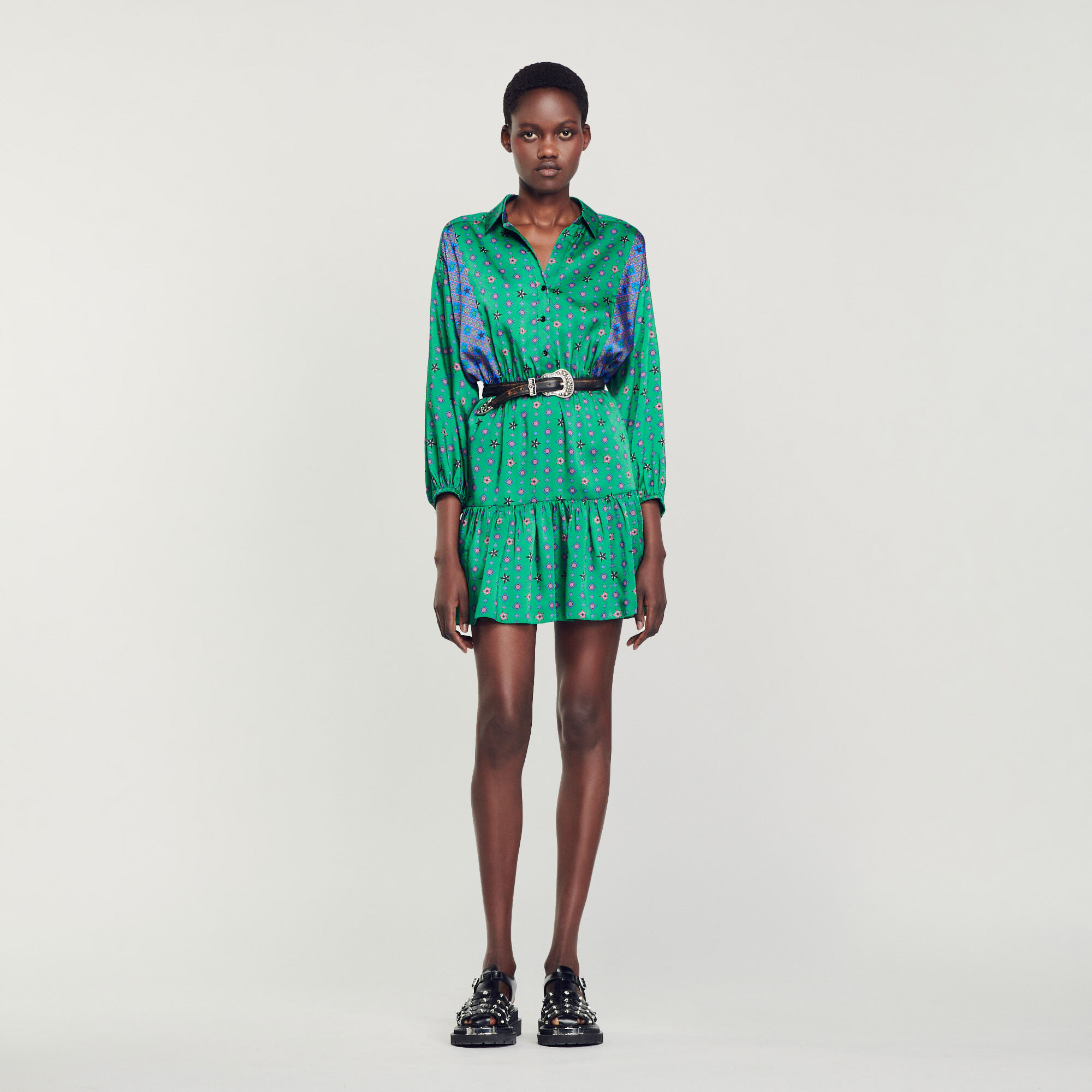 Printed Shirt Dress : Dresses&nbsp; color Green / Pink