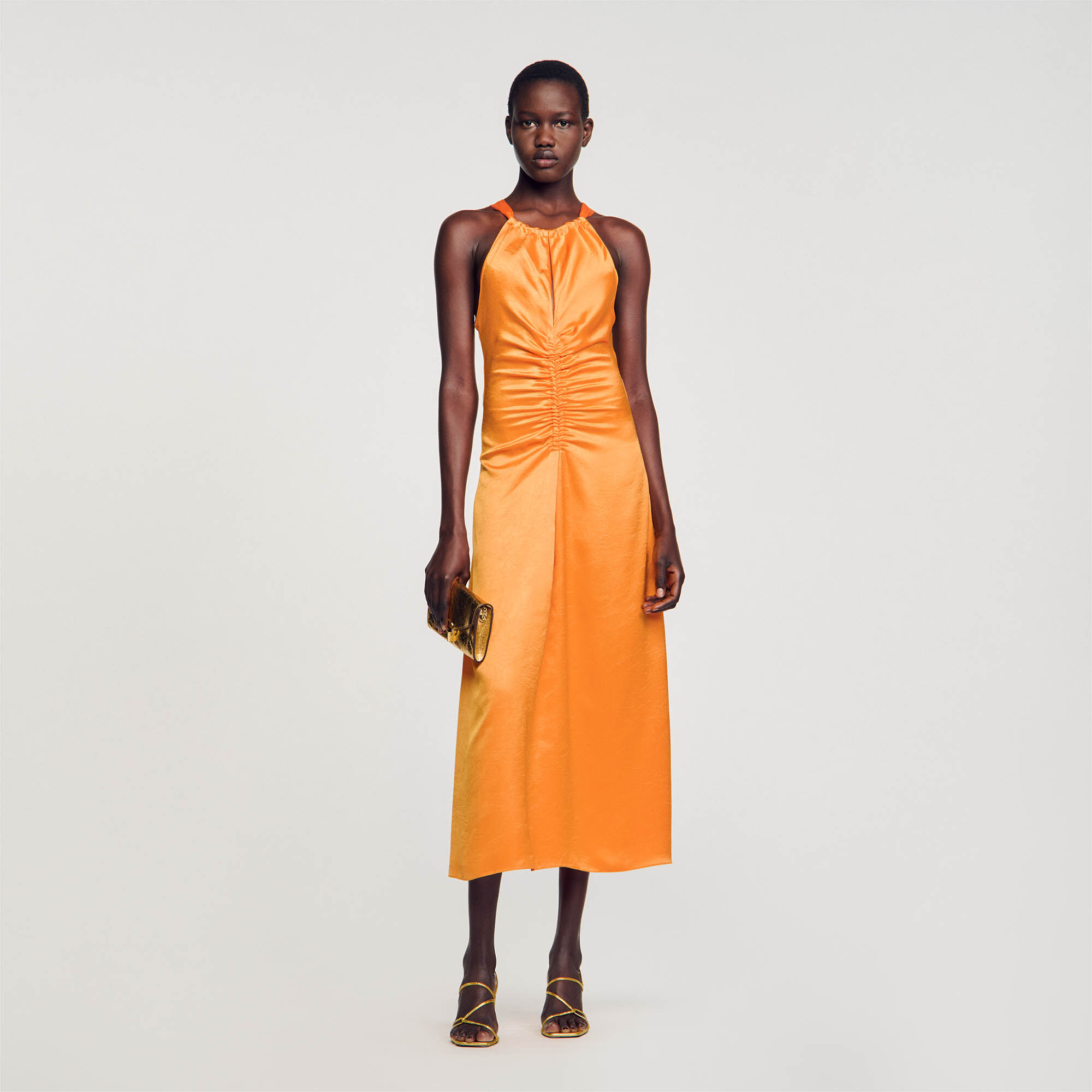 Ruched Satin-Effect Maxi Dress : Dresses&nbsp; color Orange