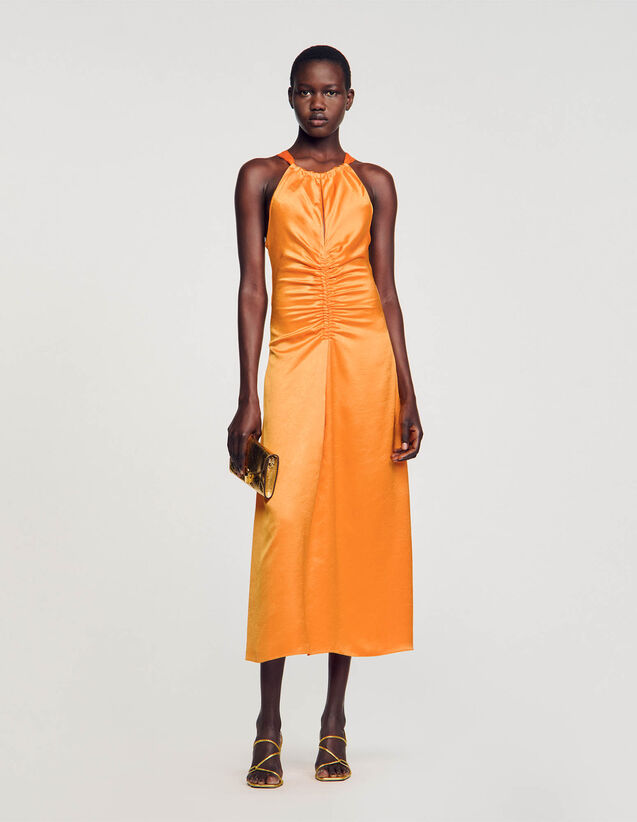 Ruched Satin-Effect Maxi Dress : New In color Orange