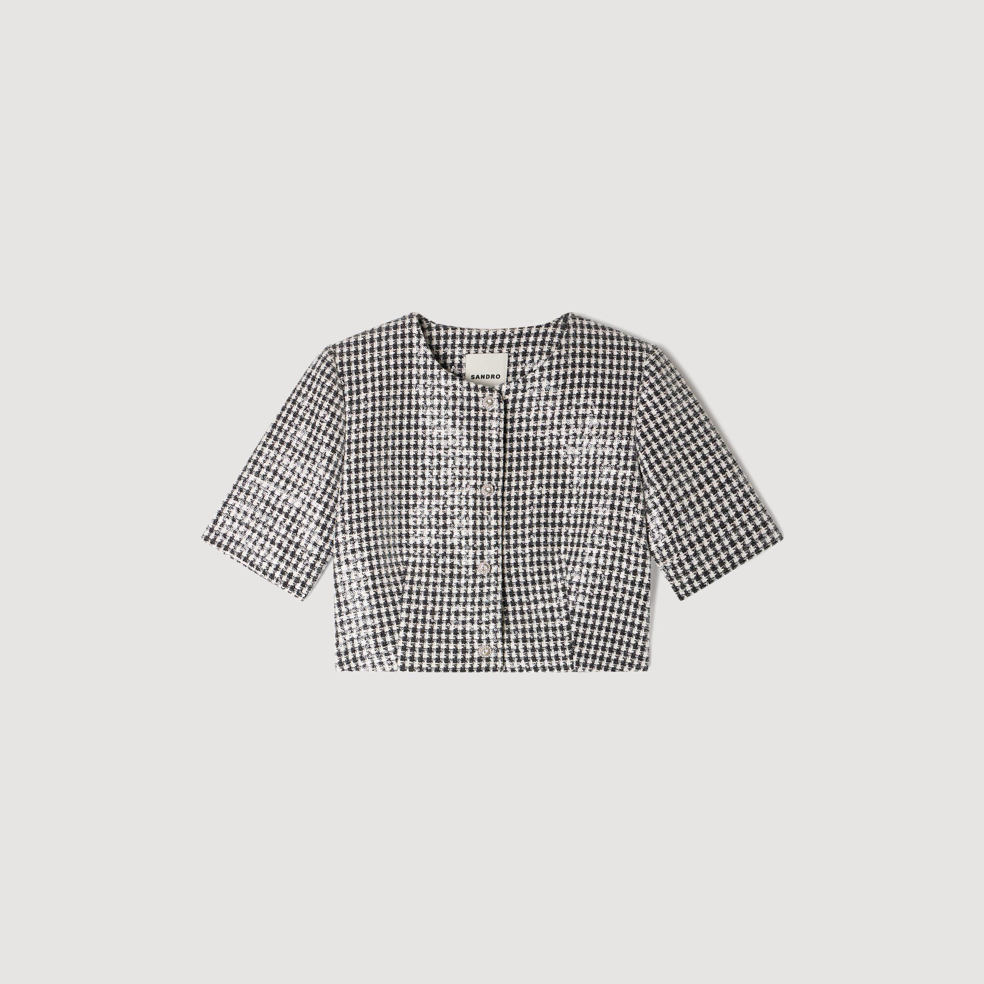 Cropped Houndstooth Tweed Jacket : Blazers & Jackets color Black / White