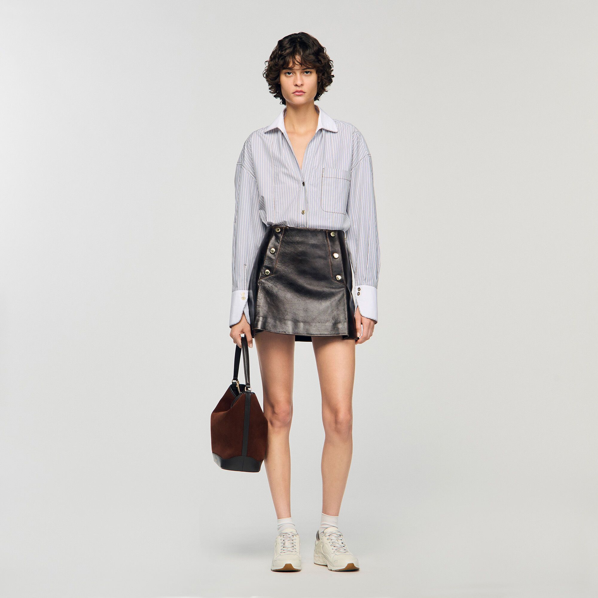 Short Aged Leather Skirt : Skirts & Shorts color Brown