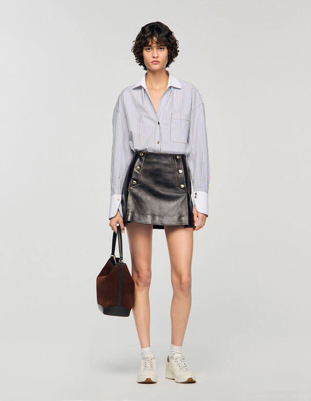 Short Aged Leather Skirt - SFPJU01535 | sandro-paris.com Short Aged Leather Skirt : Skirts & Shorts color Brown