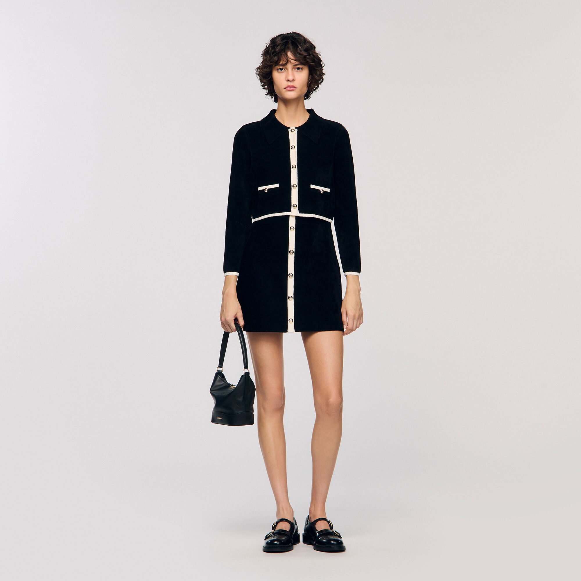 Two-Tone Shirt Collar Cardigan : Sweaters & Cardigans color Black