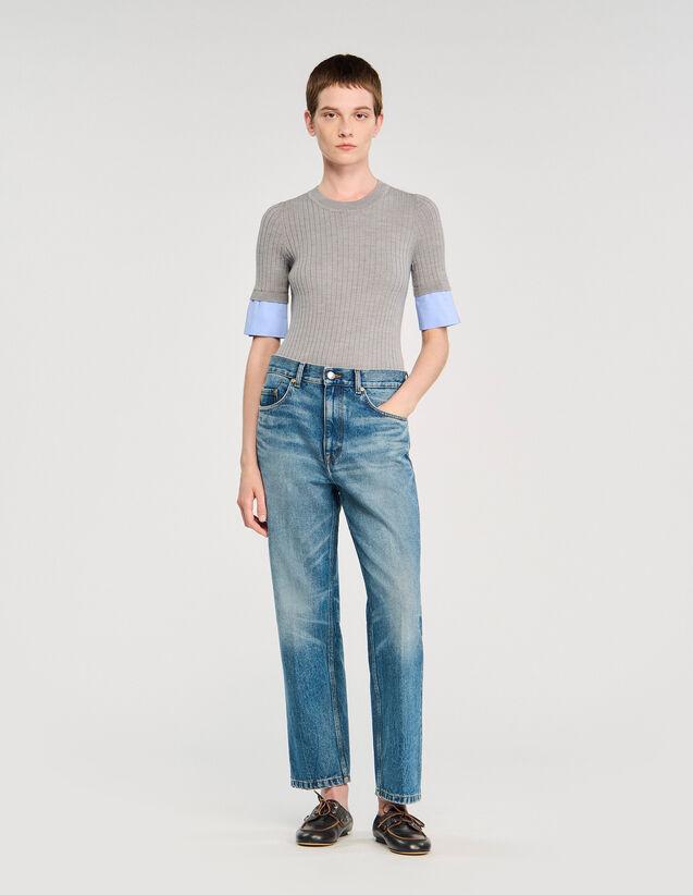 Jumper With Contrast Short Sleeves - SFPPU02319 | sandro-paris.com Jumper With Contrast Short Sleeves : Sweaters & Cardigans color Grey