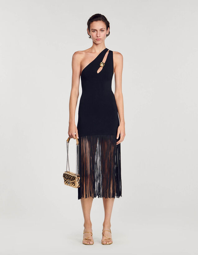 Asymmetric Fringed Dress : Dresses color Black