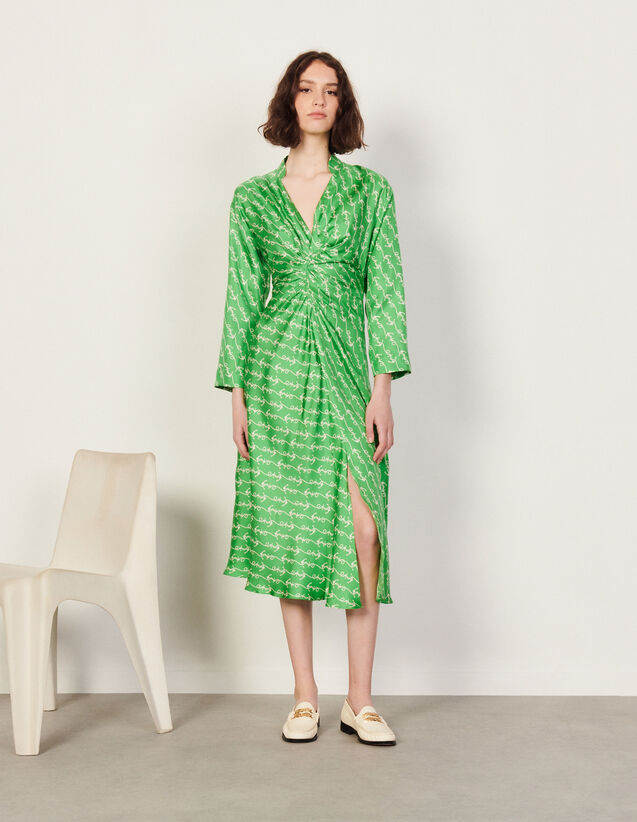 Long Printed Silk Dress : Dresses color Green/White