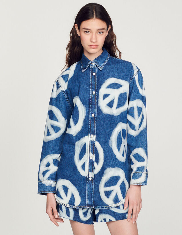 Oversized Denim Shirt With Peace Motifs : Shirts color Deep blu