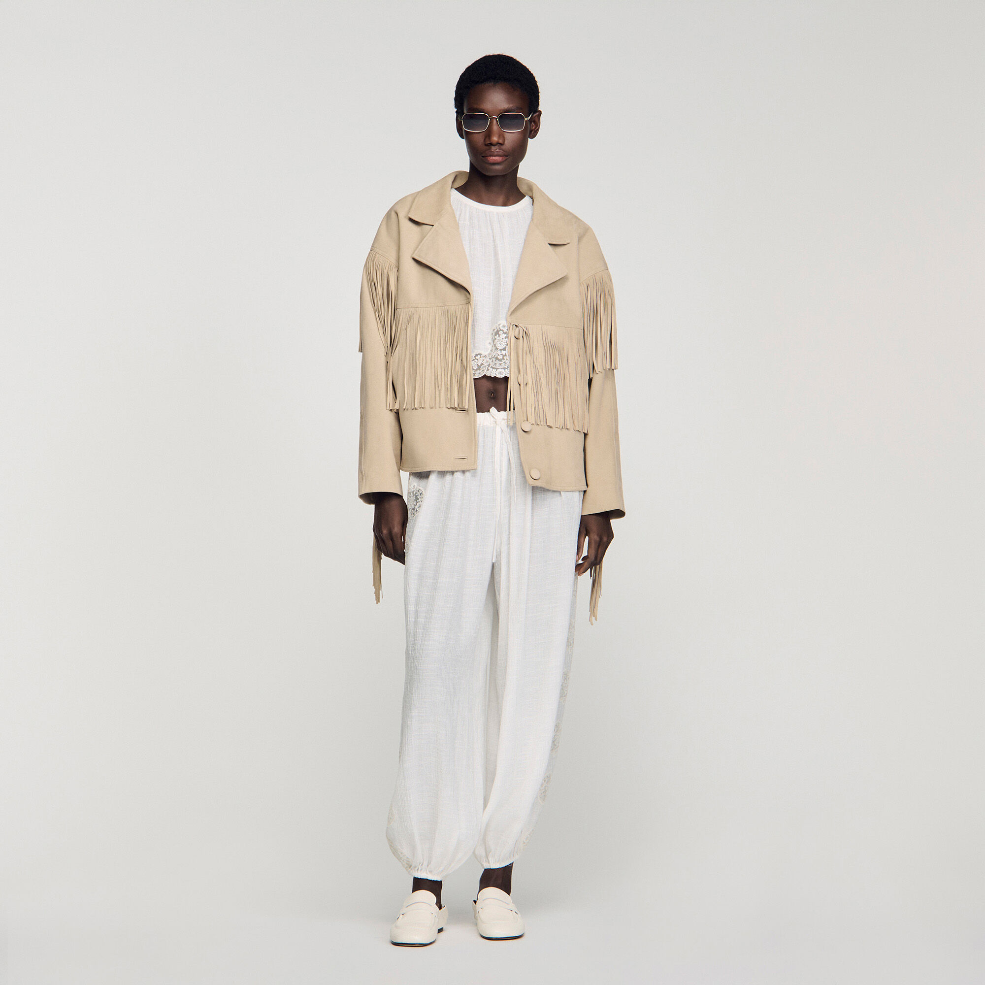 Fringed Suede Jacket : Blazers & Jackets color Beige