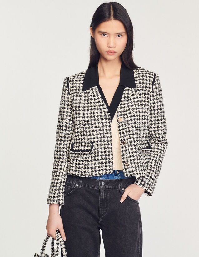 Houndstooth Tweed Jacket : Blazers & Jackets color White And Black